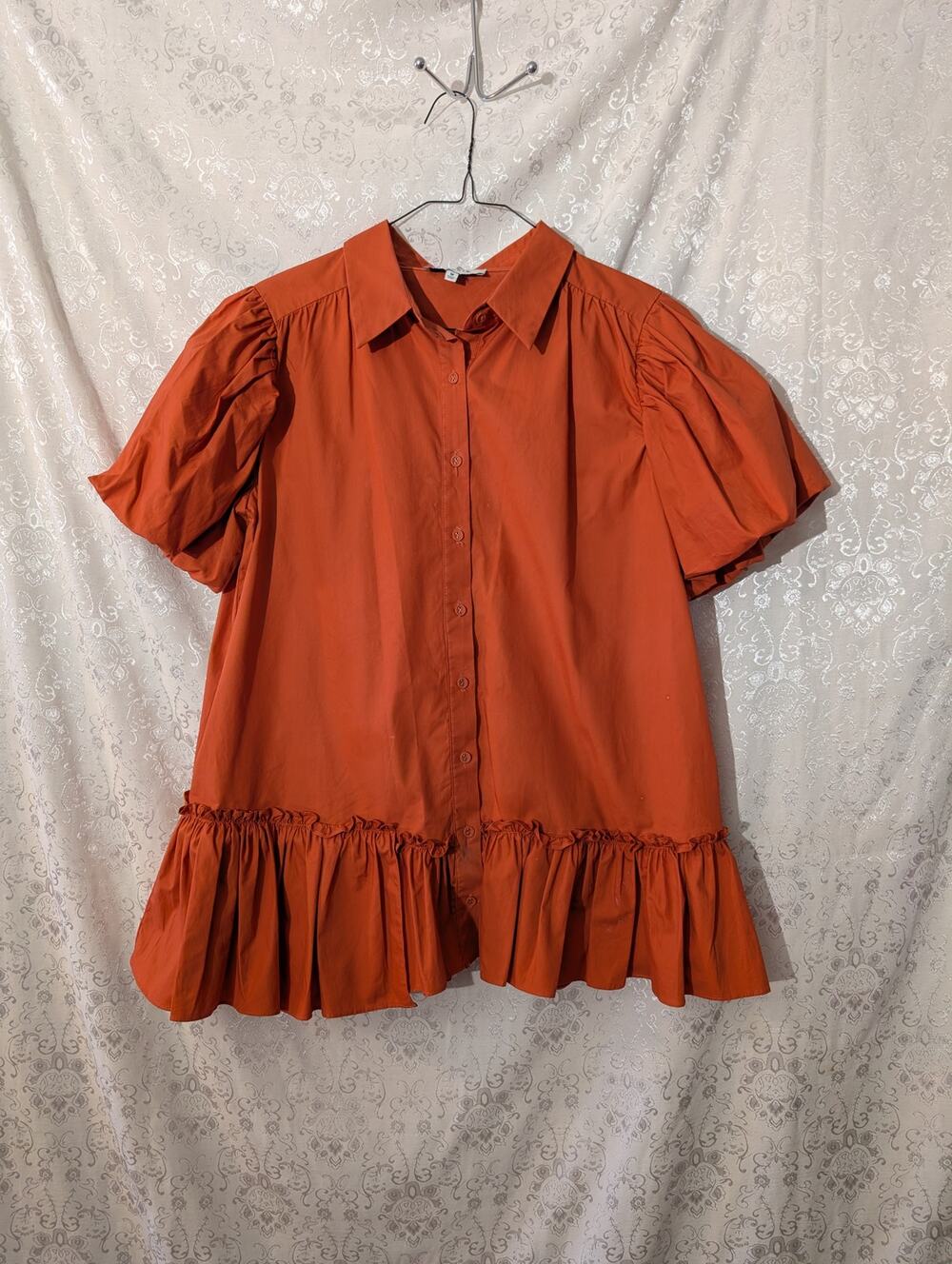 Moodie Rust Orange Puff Sleeve Poplin Button Down Ruffle Mini Dress M